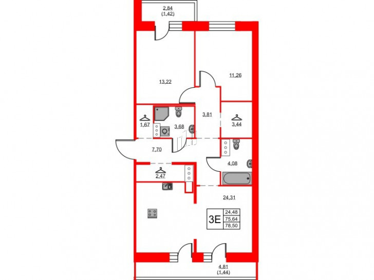Двухкомнатная квартира 78.5 м²