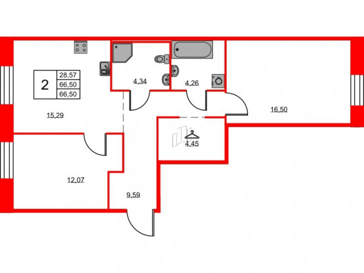 Двухкомнатная квартира 66.5 м²