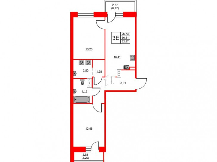 Двухкомнатная квартира 62.87 м²