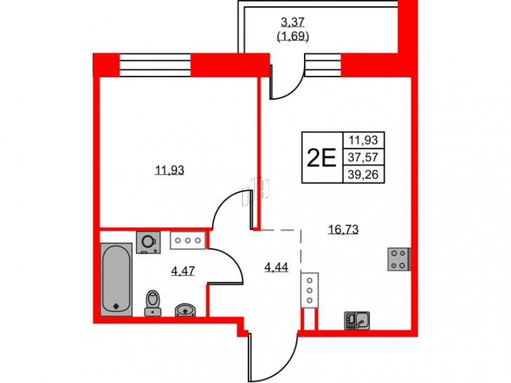 Однокомнатная квартира 39.26 м²