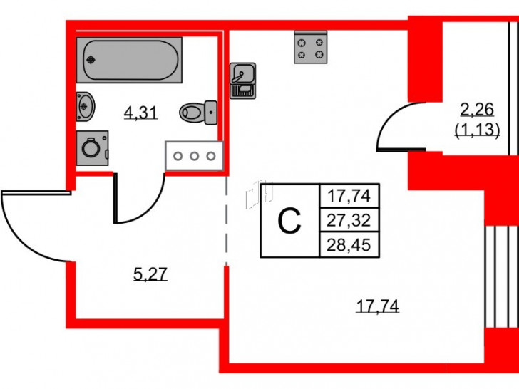 Студия 28.45 м²