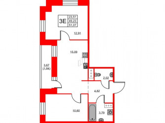 Двухкомнатная квартира 51.07 м²