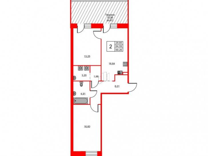 Двухкомнатная квартира 69.26 м²