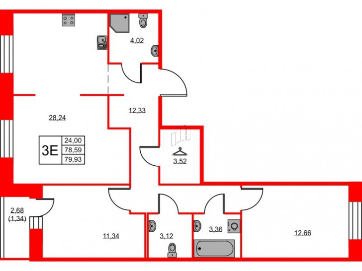 Двухкомнатная квартира 79.93 м²