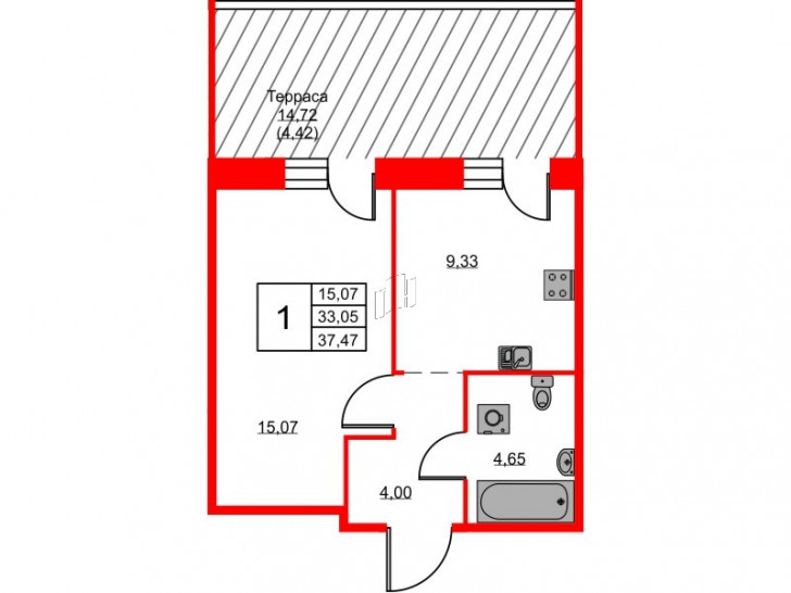 Однокомнатная квартира 37.47 м²