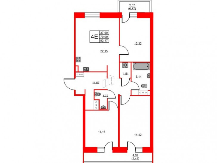 Трёхкомнатная квартира 82.17 м²