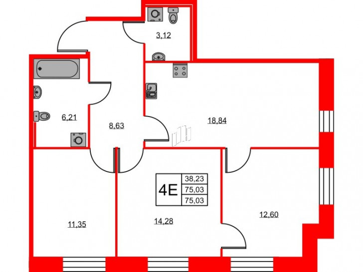 Трёхкомнатная квартира 75.03 м²