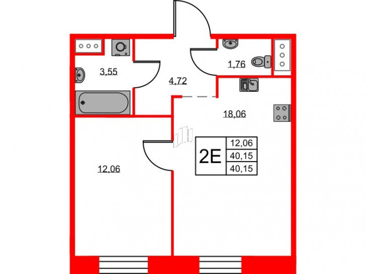 Однокомнатная квартира 40.15 м²