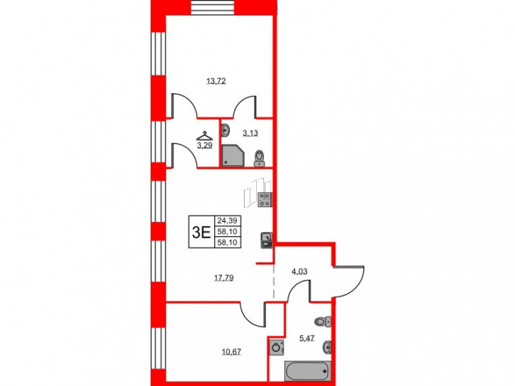 Двухкомнатная квартира 58.1 м²