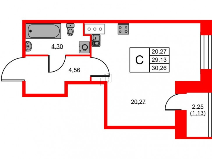 Студия 30.26 м²