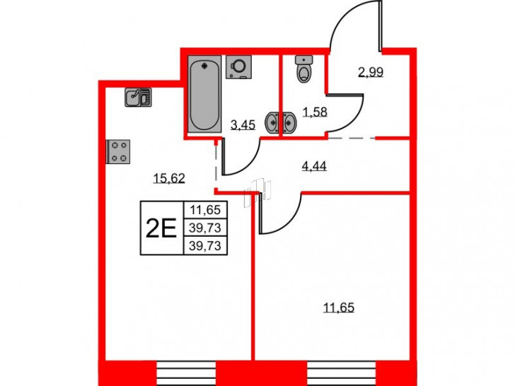 Однокомнатная квартира 39.73 м²