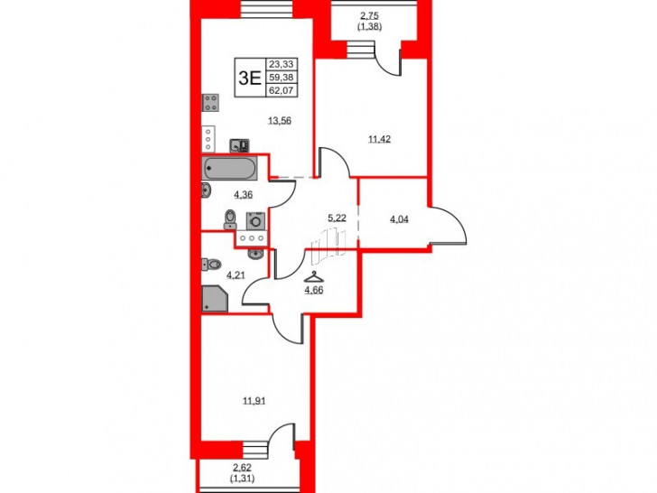 Двухкомнатная квартира 62.07 м²
