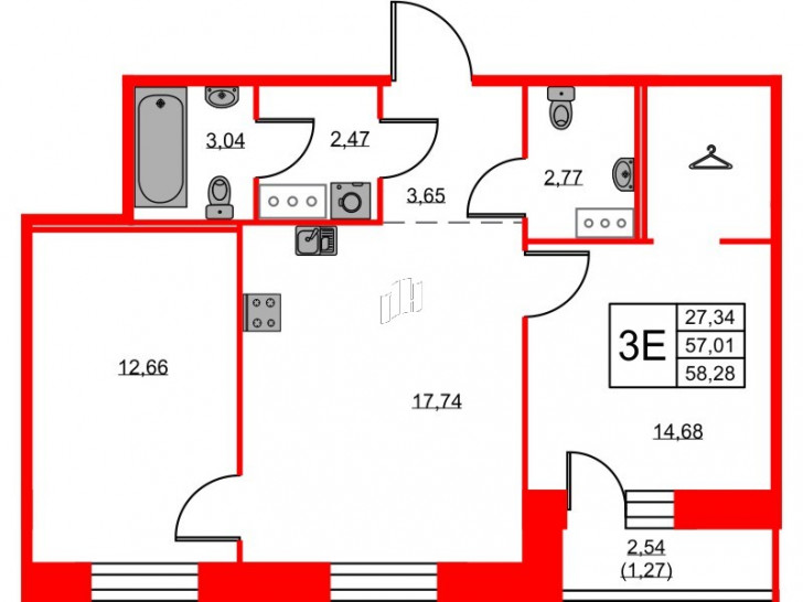 Двухкомнатная квартира 58.28 м²