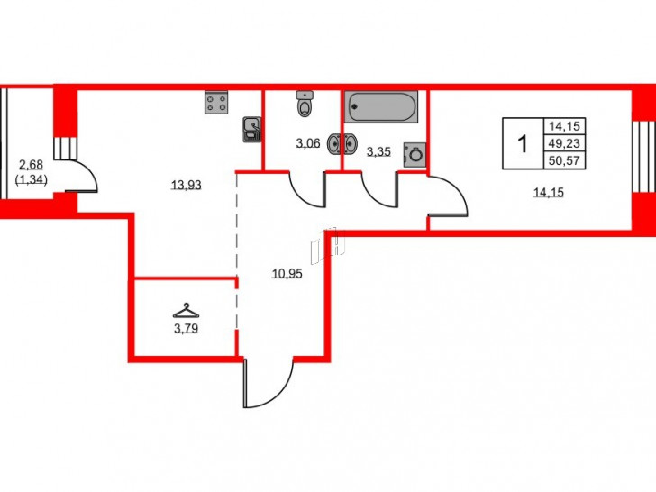 Однокомнатная квартира 50.57 м²