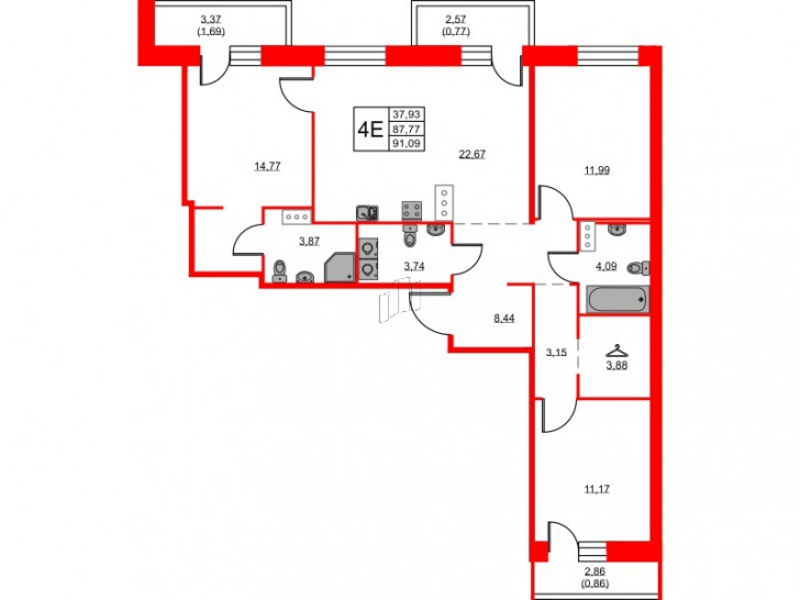 Трёхкомнатная квартира 91.09 м²