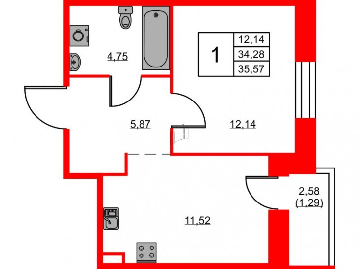 Однокомнатная квартира 35.57 м²