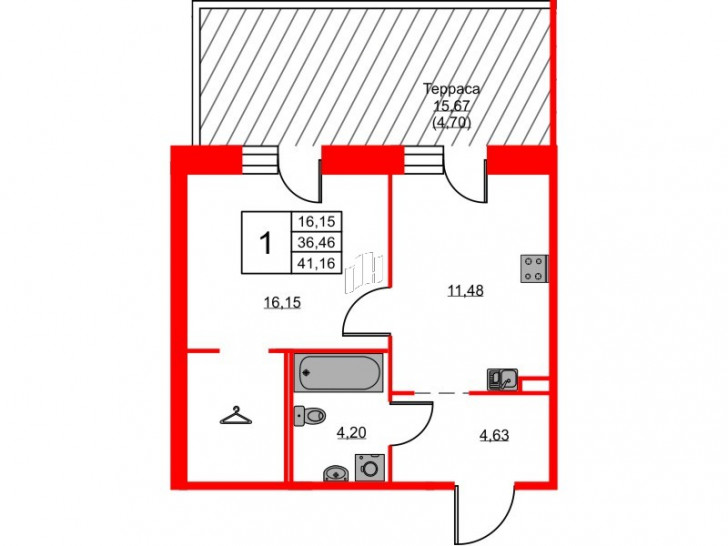 Однокомнатная квартира 41.16 м²