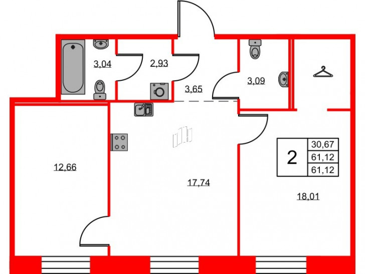 Двухкомнатная квартира 61.12 м²