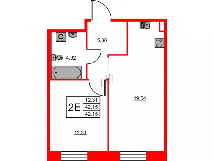 Однокомнатная квартира 42.15 м²