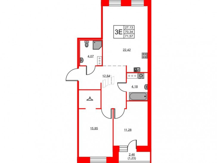 Двухкомнатная квартира 71.57 м²