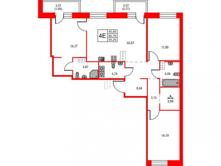 Трёхкомнатная квартира 93.25 м²