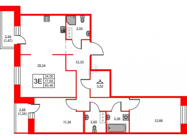 Двухкомнатная квартира 80.46 м²