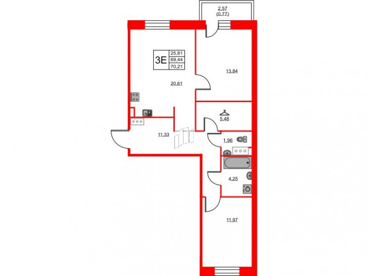 Двухкомнатная квартира 70.21 м²