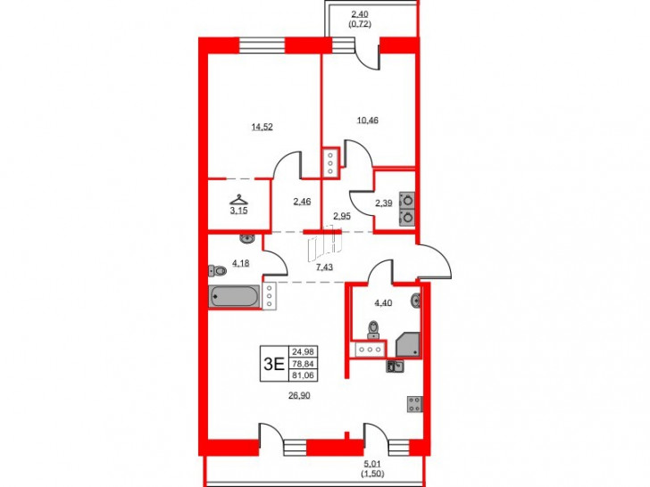 Двухкомнатная квартира 81.06 м²