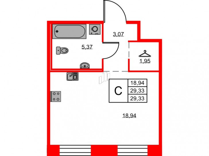 Студия 29.33 м²