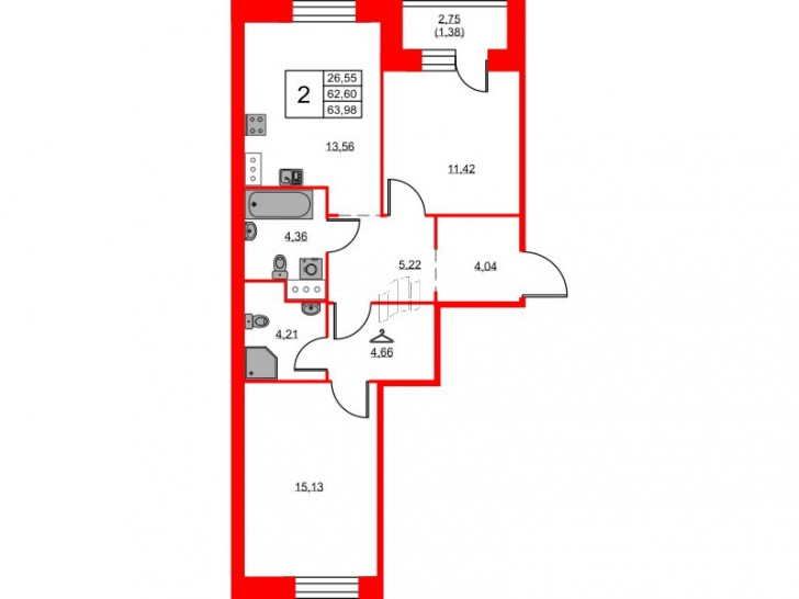Двухкомнатная квартира 63.98 м²