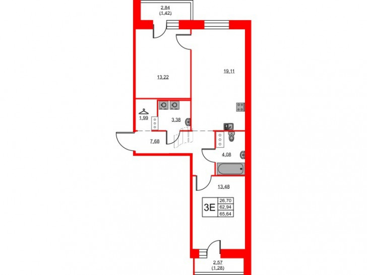 Двухкомнатная квартира 65.64 м²