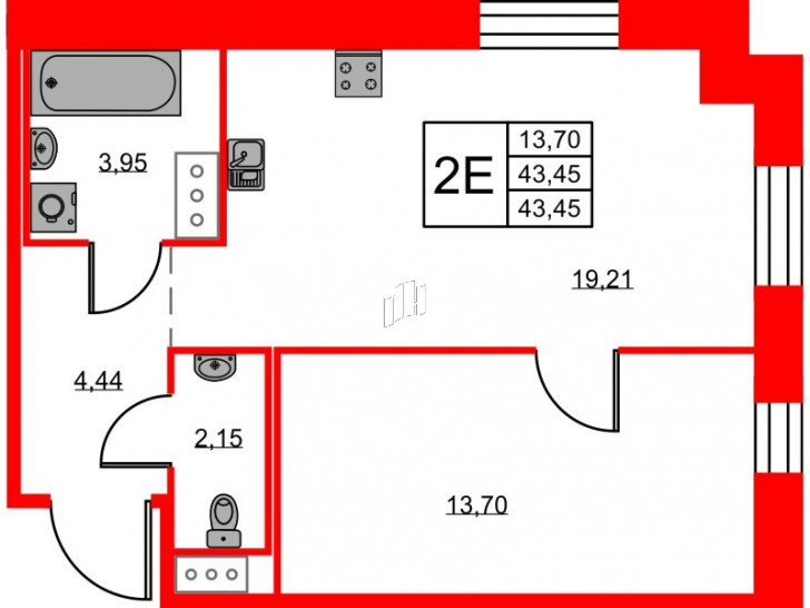 Однокомнатная квартира 43.45 м²
