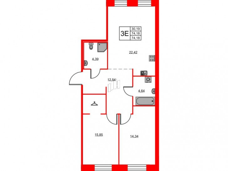 Двухкомнатная квартира 74.18 м²
