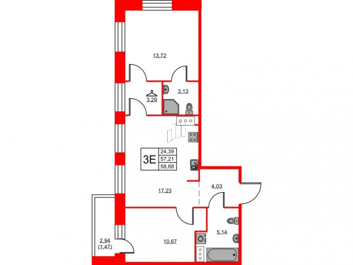 Двухкомнатная квартира 58.68 м²