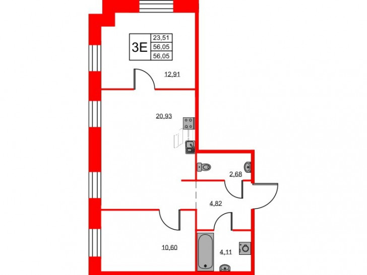 Двухкомнатная квартира 56.05 м²