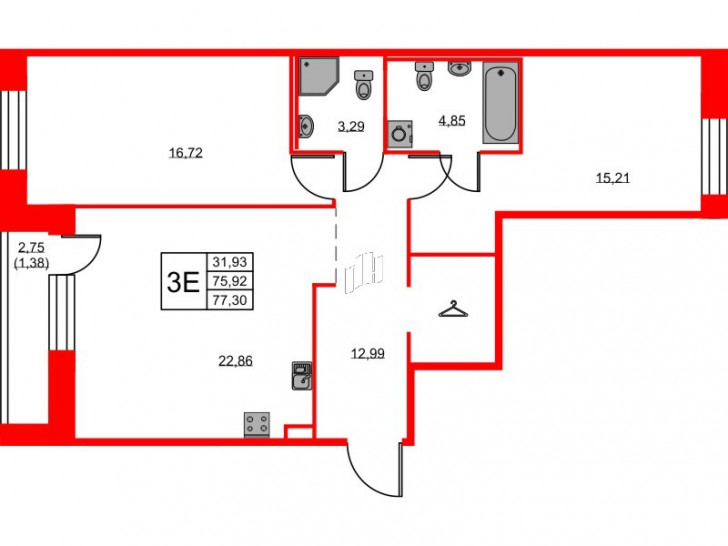 Двухкомнатная квартира 77.3 м²