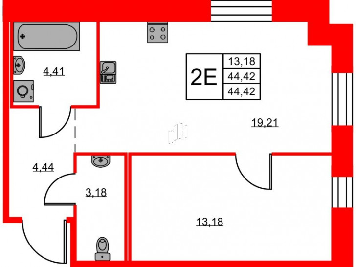 Однокомнатная квартира 44.42 м²