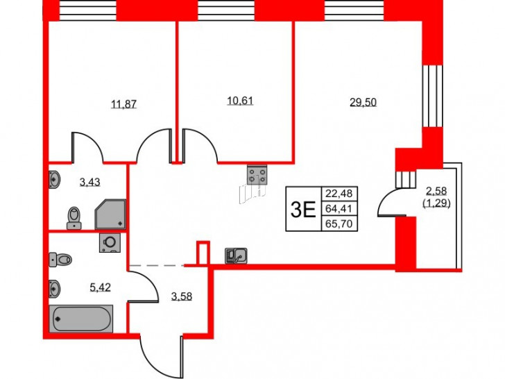 Двухкомнатная квартира 65.7 м²