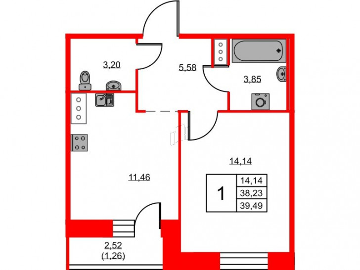 Однокомнатная квартира 39.49 м²