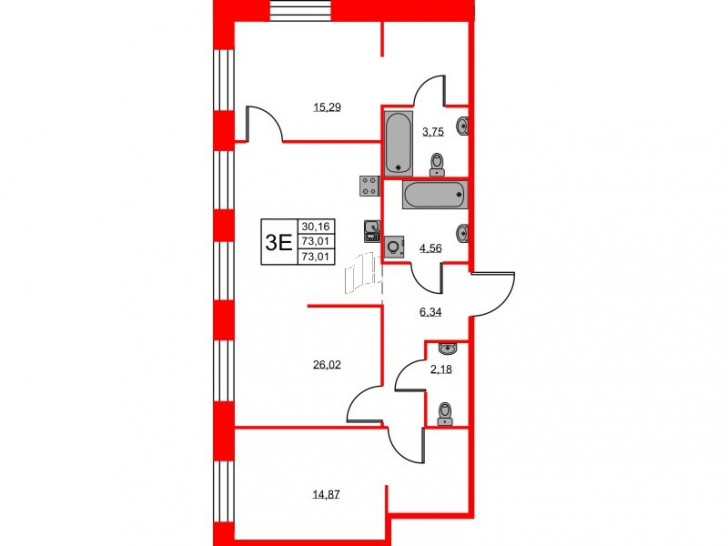 Двухкомнатная квартира 73.01 м²