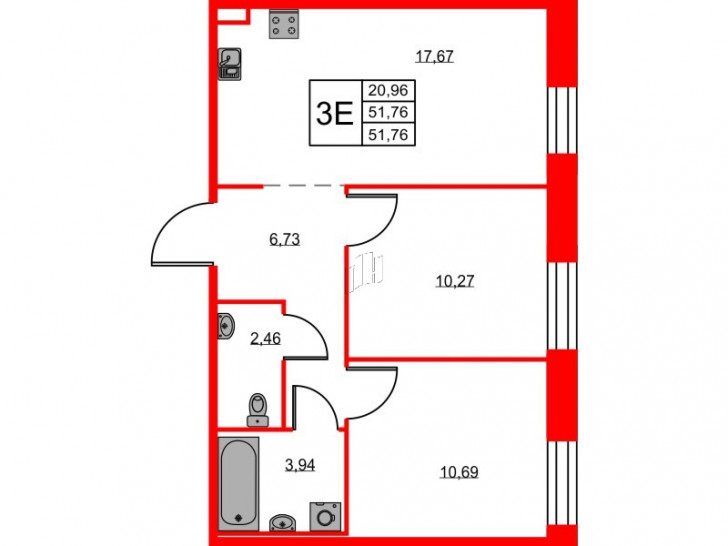 Двухкомнатная квартира 51.76 м²