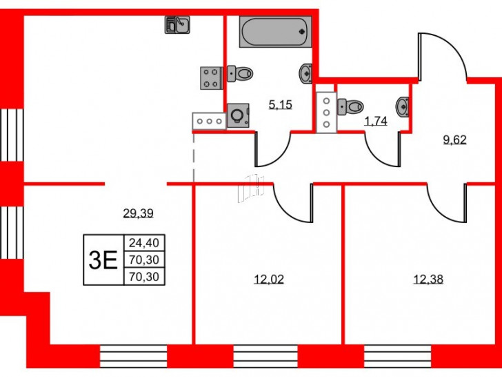 Двухкомнатная квартира 70.3 м²