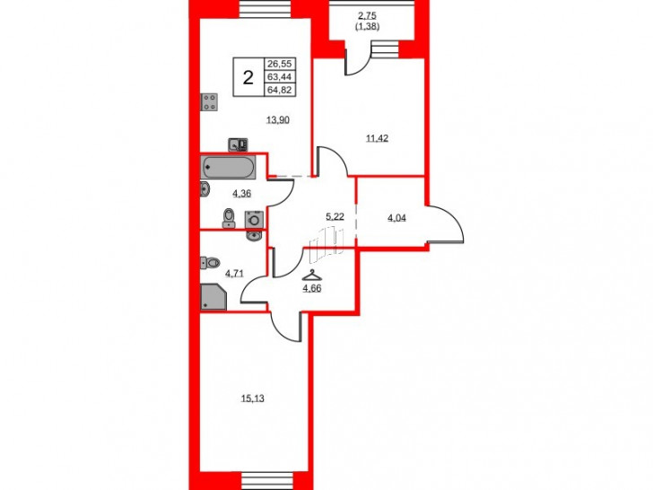 Двухкомнатная квартира 64.82 м²