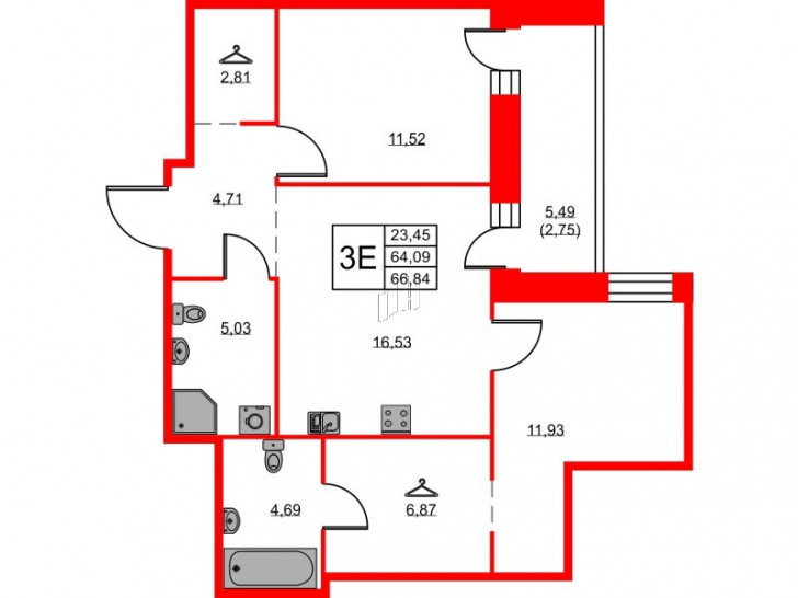 Двухкомнатная квартира 66.84 м²