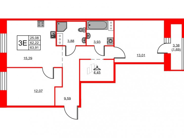 Двухкомнатная квартира 63.91 м²