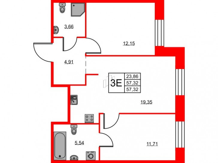 Двухкомнатная квартира 57.32 м²