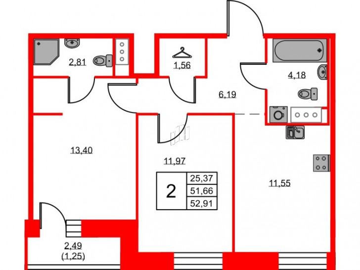 Двухкомнатная квартира 52.91 м²