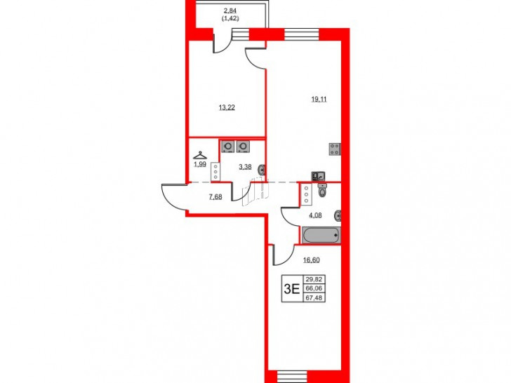 Двухкомнатная квартира 67.48 м²