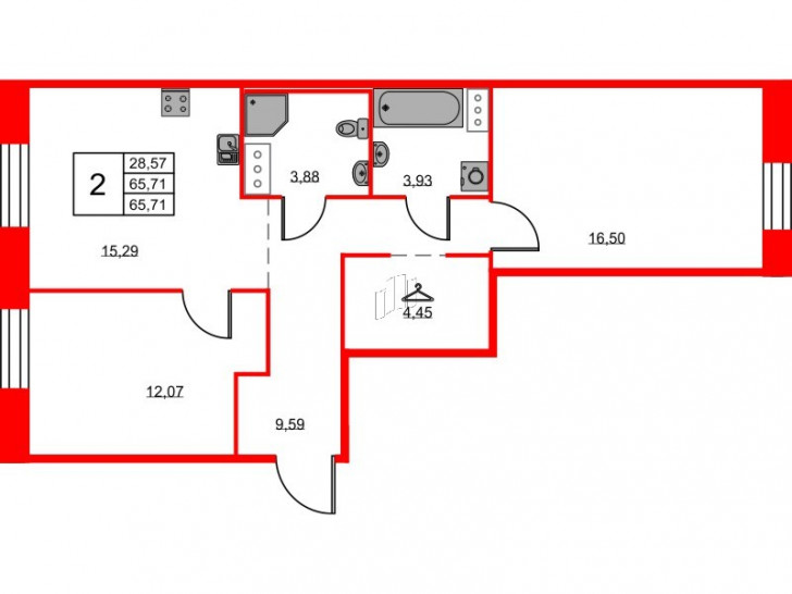 Двухкомнатная квартира 65.71 м²
