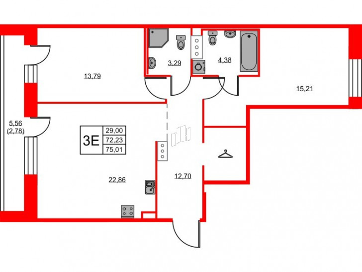 Двухкомнатная квартира 75.01 м²